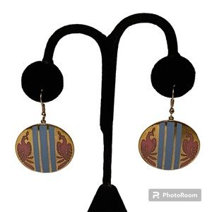SIGNED ERM EARRINGS PINK DOUBLE PHOENIX BLUE STRIPE GOLD TONE CIRCLE DROP WIRE